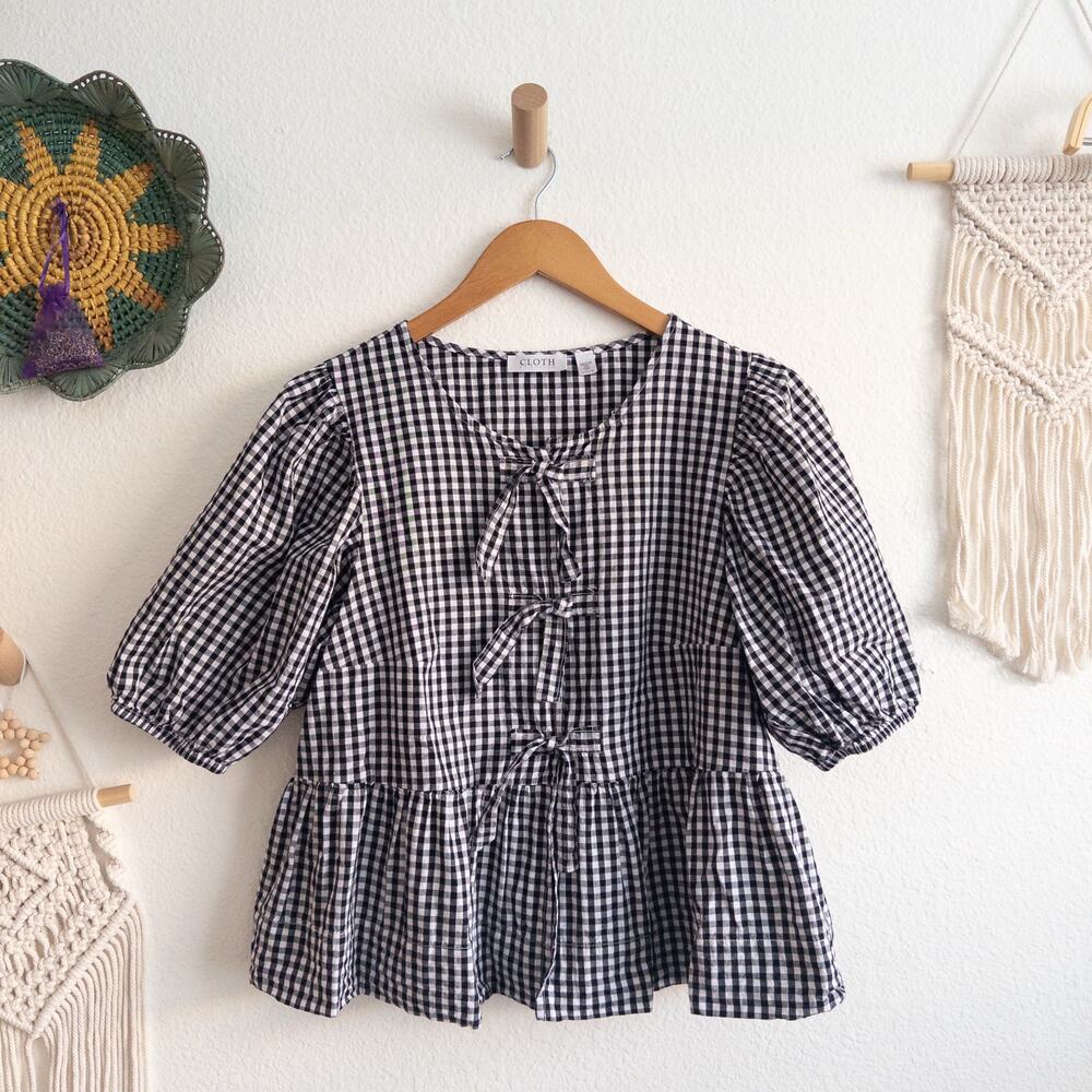 Cloth By Design Black and White Gingham Tie Detail Puff Sleeve Top Size Medium